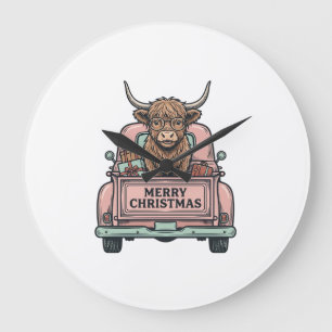 Grande Horloge Ronde Vache des Highlands Camion de Noël Gravure Vintage