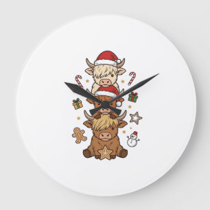 Grande Horloge Ronde Vache des Highlands de Noël Gravure Vintage Des