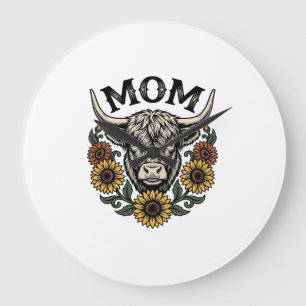 Grande Horloge Ronde Vache des Highlands Maman Tournesol Vintage Design