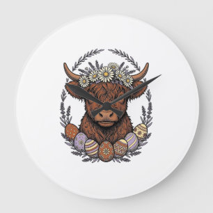 Grande Horloge Ronde Vache des Highlands Pâques Art de l'oeuf floral vi