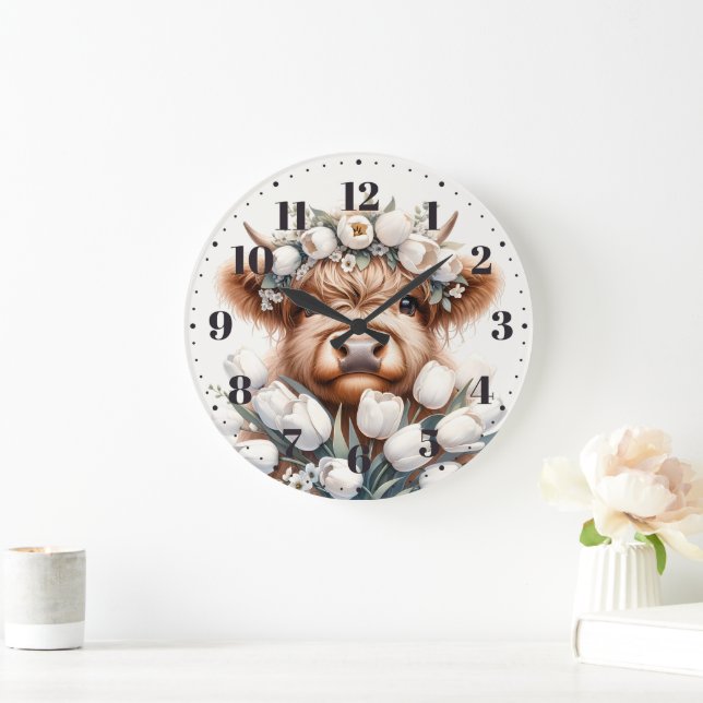 Grande Horloge Ronde Vache écossaise avec tulipes blanches (Maison)