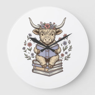 Grande Horloge Ronde Vache Florale de Lecture Mignonne Pile de Livres C