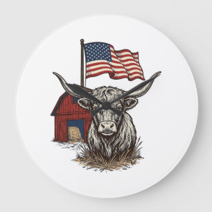 Grande Horloge Ronde Vache Longhorn Patriotique et Conception Vectoriel