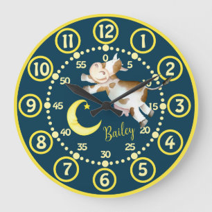 Grande Horloge Ronde Vache lune sauter enfants whimarel aquarelle art h