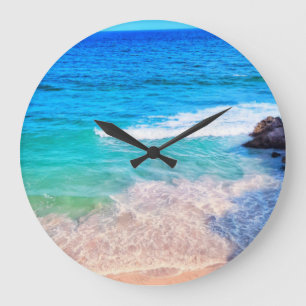 GRANDE HORLOGE RONDE VAGUES D'OCÉAN TURQUOISE BLEUE TROPICALES