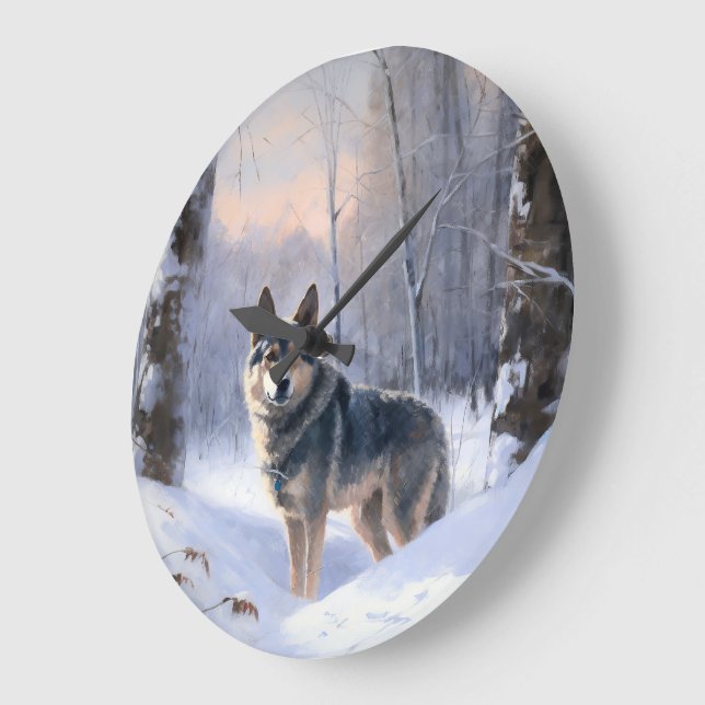 Grande Horloge Ronde Vallhund suédois Laisser neiger Noël (Angle)