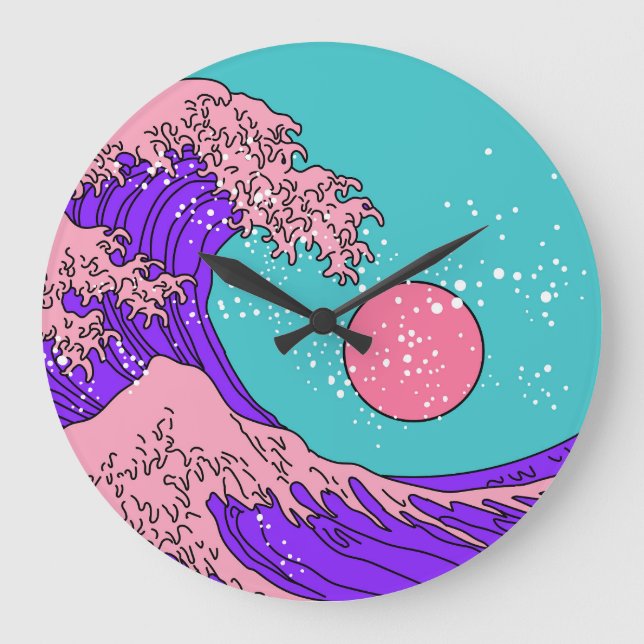 Grande Horloge Ronde Vaporwave Great Wave : Art Océanique Stylisé (Recto)