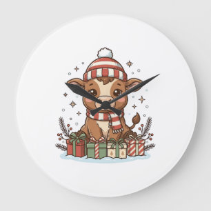 Grande Horloge Ronde Veau de Noël mignon avec cadeaux Vintage Vector_1