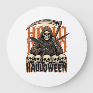 Grande Horloge Ronde Vecteur de crâne de faucheuse d'Halloween