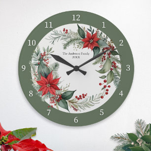 Grande Horloge Ronde Végétation de Noël avec Poinsettias rouges sur mes