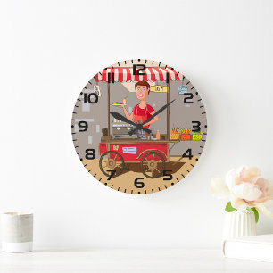 Grande Horloge Ronde Vendeur de street food souriant Chariot de nourrit