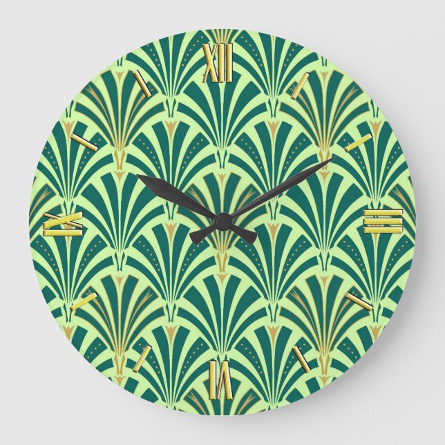 Grande Horloge Ronde Ventilateur Art Déco motif - vert pin et menthe (Recto)