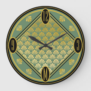 Grande Horloge Ronde Ventilateur chic vert et noir Art déco Motif Monog