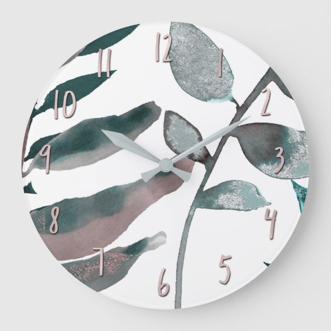 Grande Horloge Ronde Verdure rustique Bleue Botanique Feuille Aquarelle (Recto)