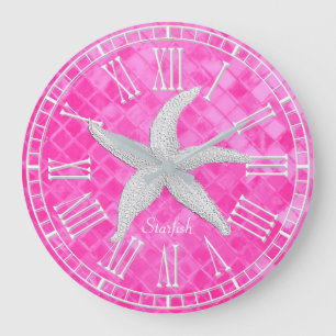 Grande Horloge Ronde Verre blanc Personailize de mer de rose d'étoiles