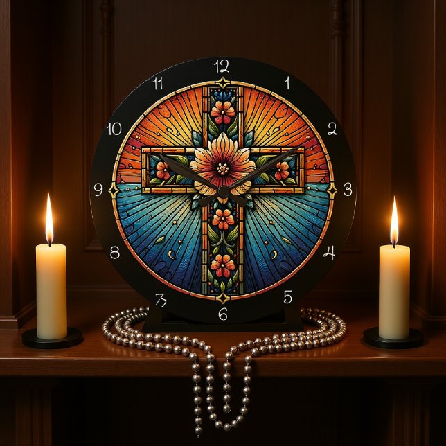 Grande Horloge Ronde Verre brillant de croix florale (Créateur téléchargé)