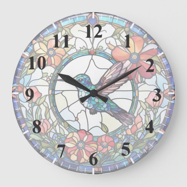 Grande Horloge Ronde Verre de colibri (avec chiffres) Oiseau (Recto)