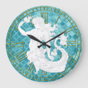 Grande Horloge Ronde Verre marin Vintage Mermaid Aqua