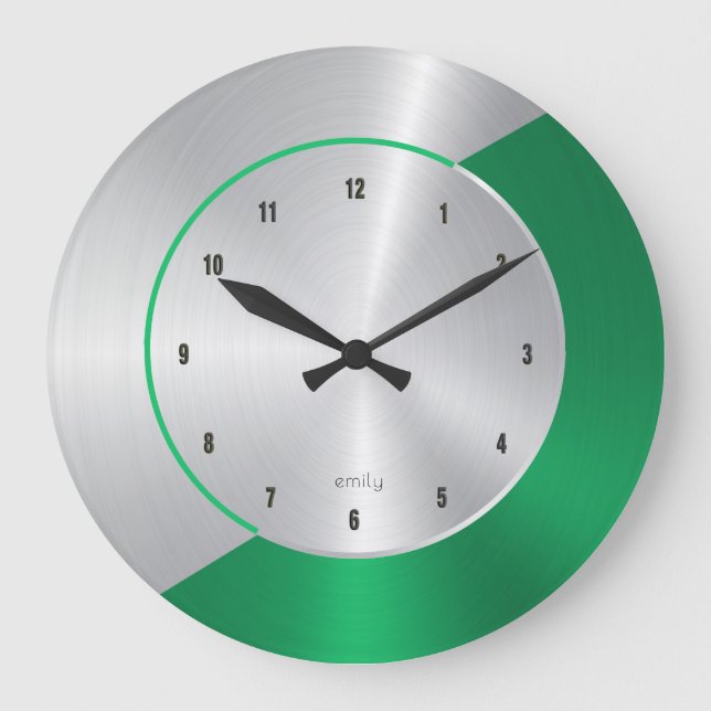 Grande Horloge Ronde Vert & Argent Moderne Métallurgique Design géométr (Recto)
