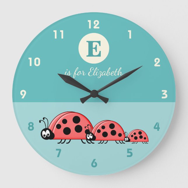 Grande Horloge Ronde Vert avec un nom de bébé famille coccinelle mignon (Recto)