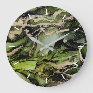 Grande Horloge Ronde Vert Black Gold Abstrait sans chiffres