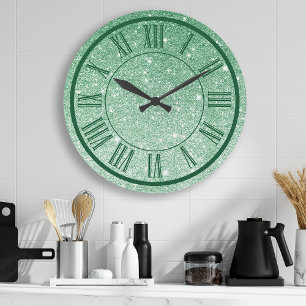 Grande Horloge Ronde Vert émeraude Paillettes Chiffre Romain Étincelle 