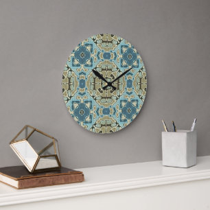 Grande Horloge Ronde Vert gris Turquoise bleu ocre Hip Bohême Bali Art