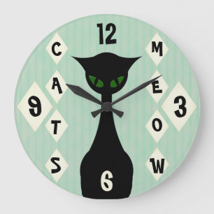 Grande Horloge Ronde Vert Mi-Siècle-Moderne de rétro Meow de chats