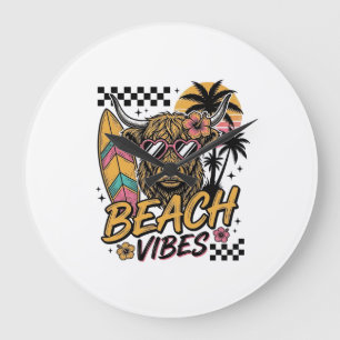 Grande Horloge Ronde Vibes de plage vache highland été art vectoriel_1