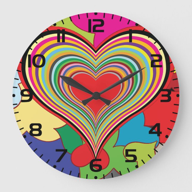 Grande Horloge Ronde Vibrant Rainbow Layered Heart Abstract (Recto)