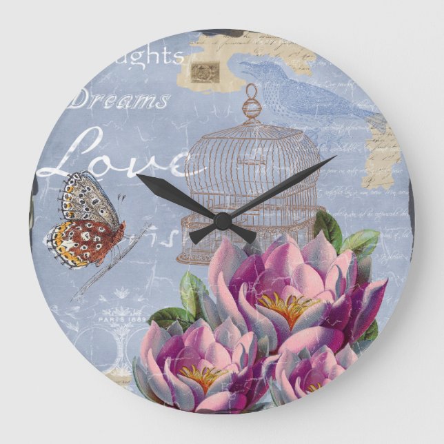 Grande Horloge Ronde Victorian Love Thoughts Dreams Butterfly Bird Cage (Recto)