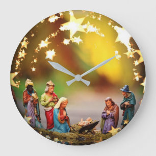Grande Horloge Ronde Vierge Marie Jésus huche de nativité tient le