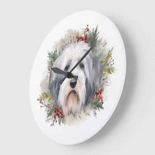 Grande Horloge Ronde Vieux anglais Sheepdog Christmas Wreath Festive Pu
