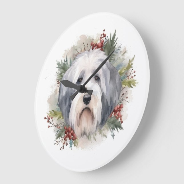 Grande Horloge Ronde Vieux anglais Sheepdog Christmas Wreath Festive Pu (Angle)