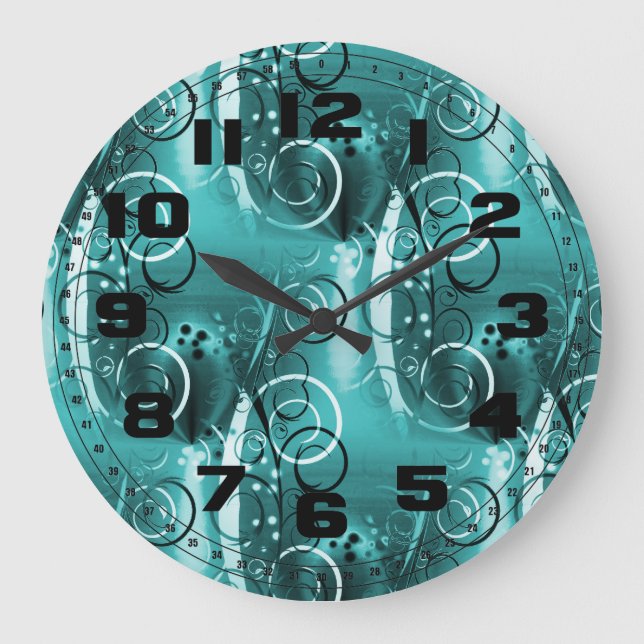 Grande Horloge Ronde Vignes Abstraites Florales Aqua Blue Girly Cadeaux (Recto)
