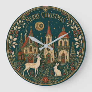 Grande Horloge Ronde Village de Noël enchanté et doré