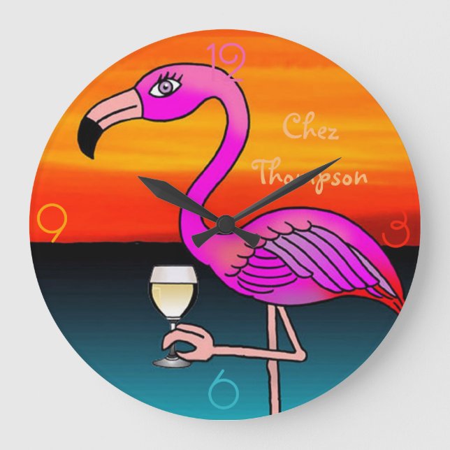 Grande Horloge Ronde Vin buvant Flamant rose rose personnalisé (Recto)