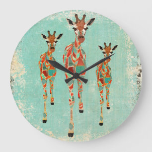 Grande Horloge Ronde Vintage Azure & Amber Giraffes Clock
