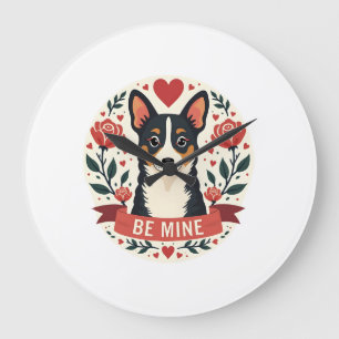 Grande Horloge Ronde Vintage Be Mine Corgi Saint-Valentin Floral Art Po