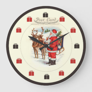 Grande Horloge Ronde Vintage Christmas Clock - Santa Feeding Reindeer I