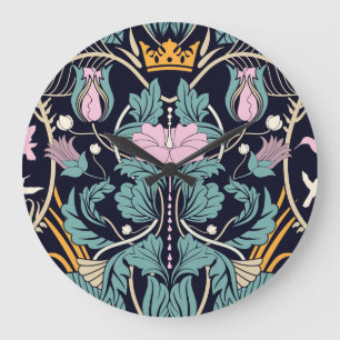 Grande Horloge Ronde Vintage floral, Art nouveau, papier peint transpar