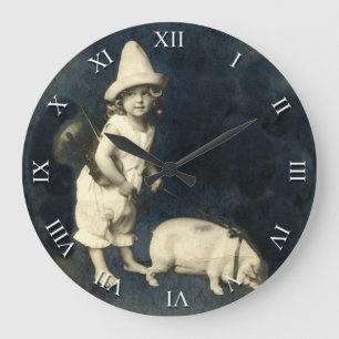 Grande Horloge Ronde Vintage Girl with Pig and Violin Clock