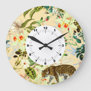 Grande Horloge Ronde Vintage jungle tropicale moderne à fleurs
