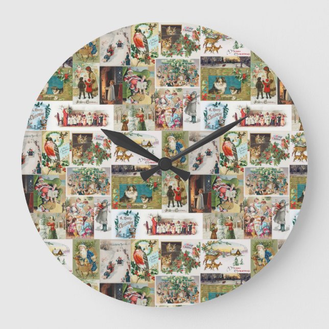 Grande Horloge Ronde Vintage Noël Antique Collage Xmas (Recto)