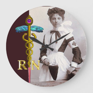 Grande Horloge Ronde VINTAGE NURSE et Gold Caduceus