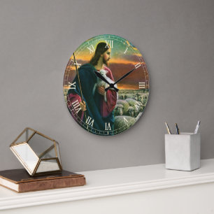 Grande Horloge Ronde Vintage Religion, Christ Bon Pasteur avec son trou