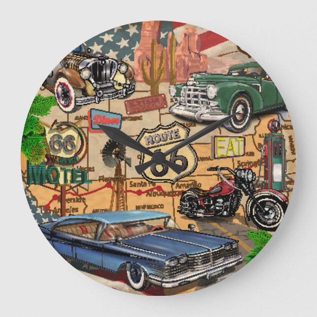Grande Horloge Ronde Vintage Route 66, affiche nostalgique. (Recto)