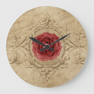 Grande Horloge Ronde Vintage Shabby Chic Antique Single Rose Rouge