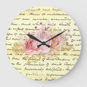 Grande Horloge Ronde Vintage Shabby Chic Floral Écriture manuscrite Ep