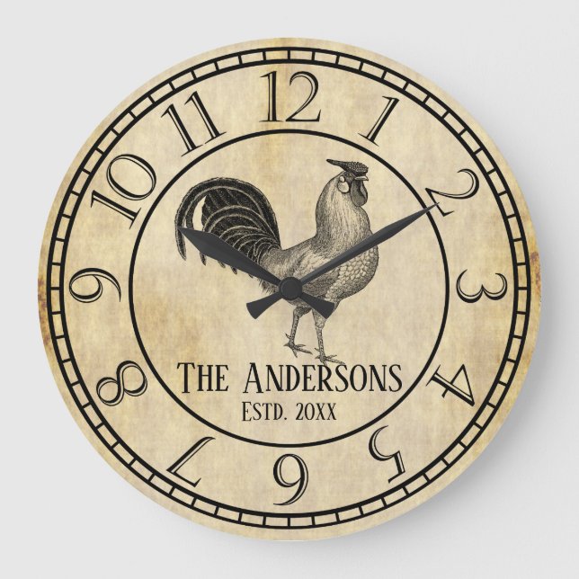 Grande Horloge Ronde Vintage Style Rustic Rooster Family (Recto)
